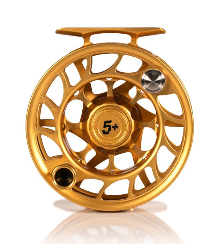 Hatch Iconic Fly Reel 5 Plus Fool's Gold Limited Edition Large Arbor Front view of Hatch Iconic Fly Reel 5 Plus Fool's Gold Limited Edition Large Arbor