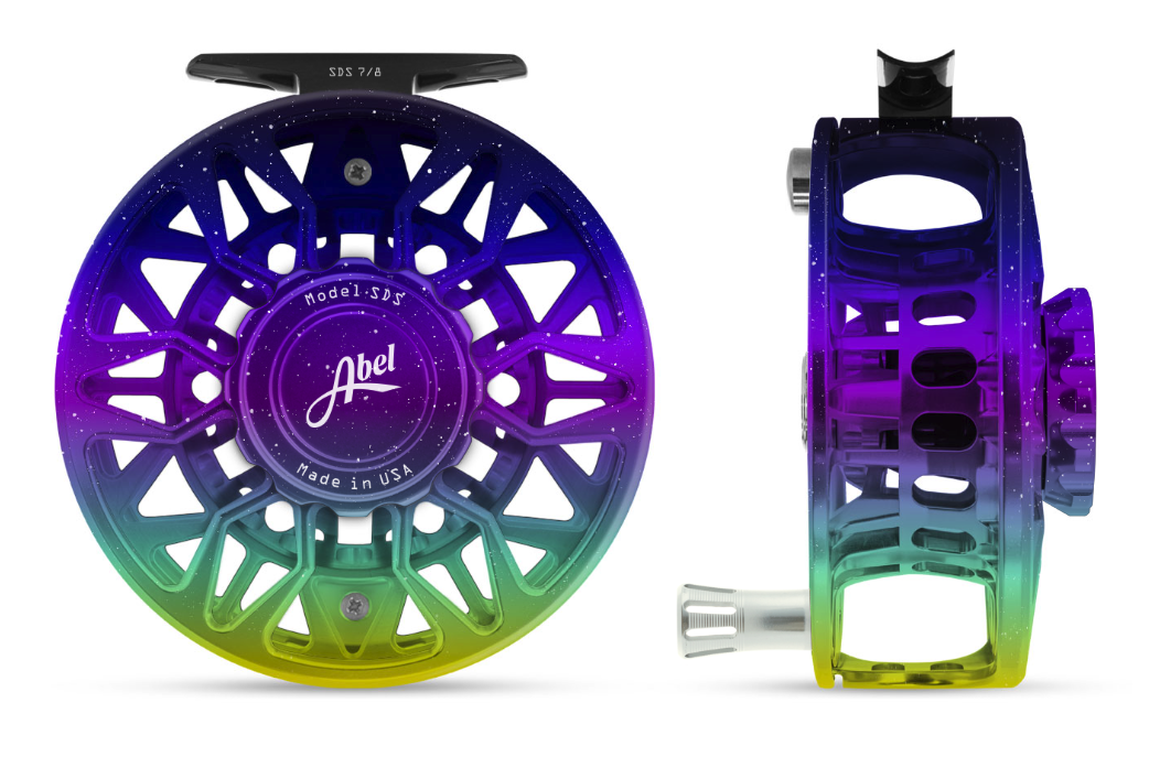 Abel SDS 7/8 fly fishing reel in Northern Lights Fade color with platinum handle.