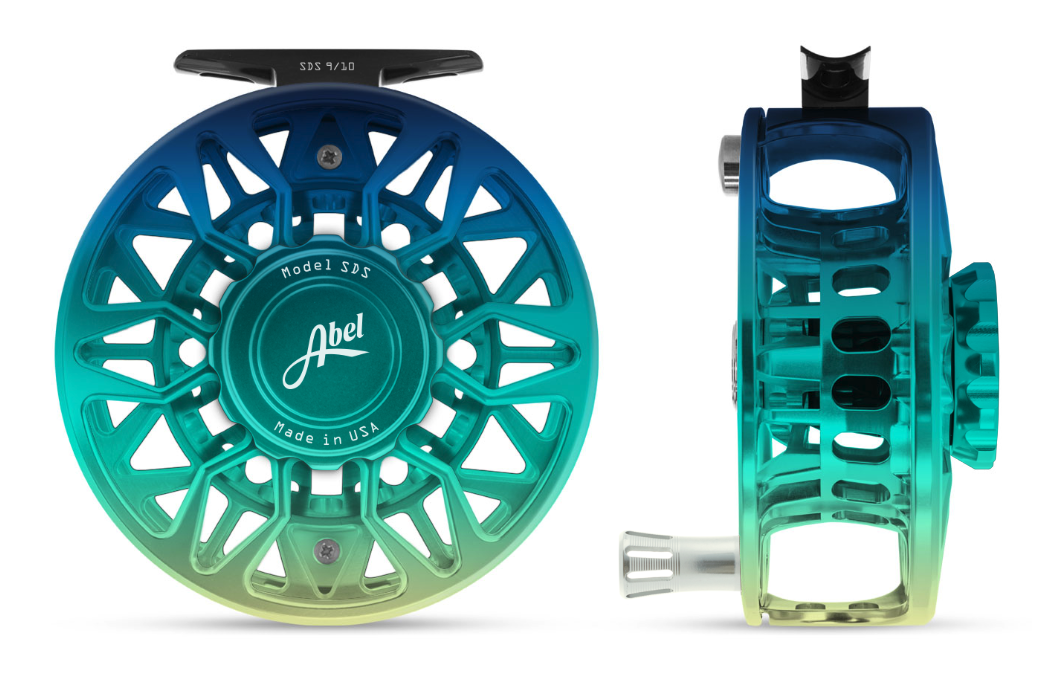 Abel SDS 9/10 fly fishing reel in Flats Fade color with platinum handle.