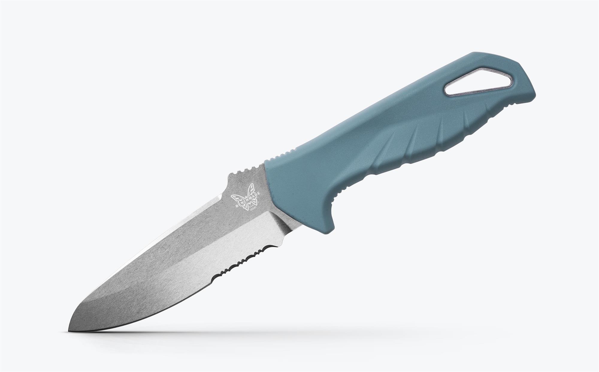 Benchmade Undercurrent knife, a fixed blade knife with a blue handle and serrated edge, ideal for outdoor use.