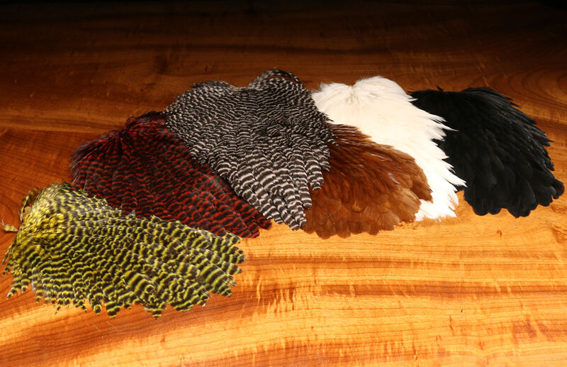 Hareline Hen Saddle feathers in a variety of natural and dyed colors for fly tying.