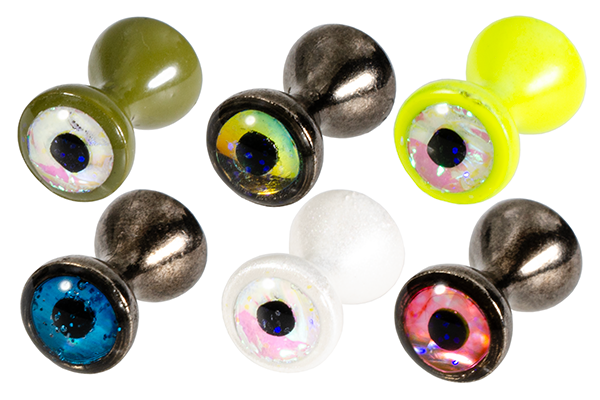 Different colored tungsten dumbbell eyes with sparkle pupils