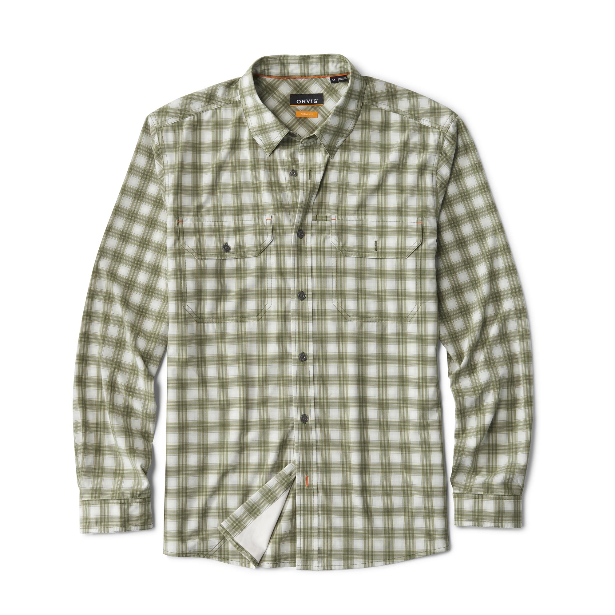 Moss / Snow Plaid colored model of the Orvis Stonefly Stretch Long-Sleeve Shirt