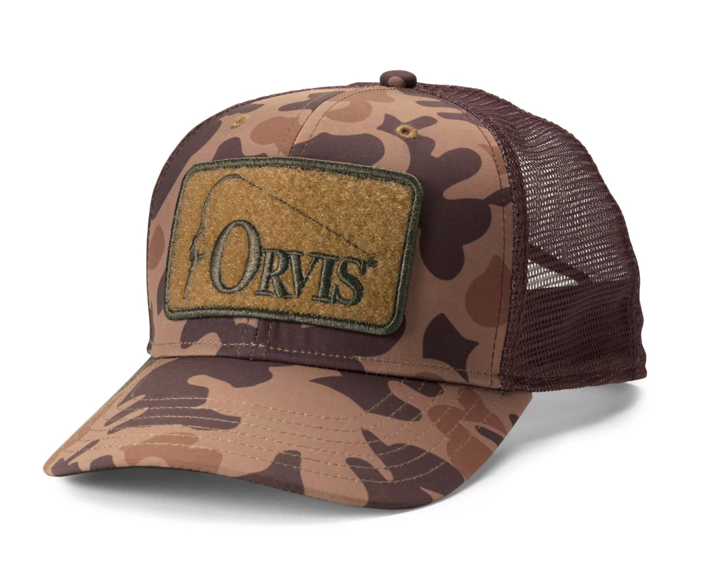 Durable Orvis 1971 Camo Trucker Hat in cotton twill, featuring an adjustable snapback for a custom fit. In stock.