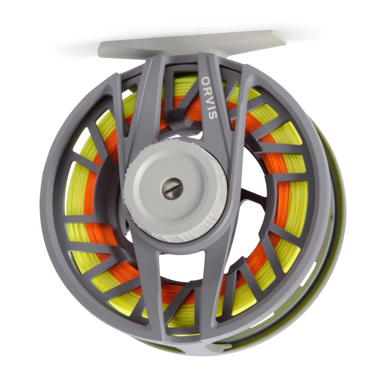 Back side view of Charcoal Orvis Clearwater Fly Reel with fly line