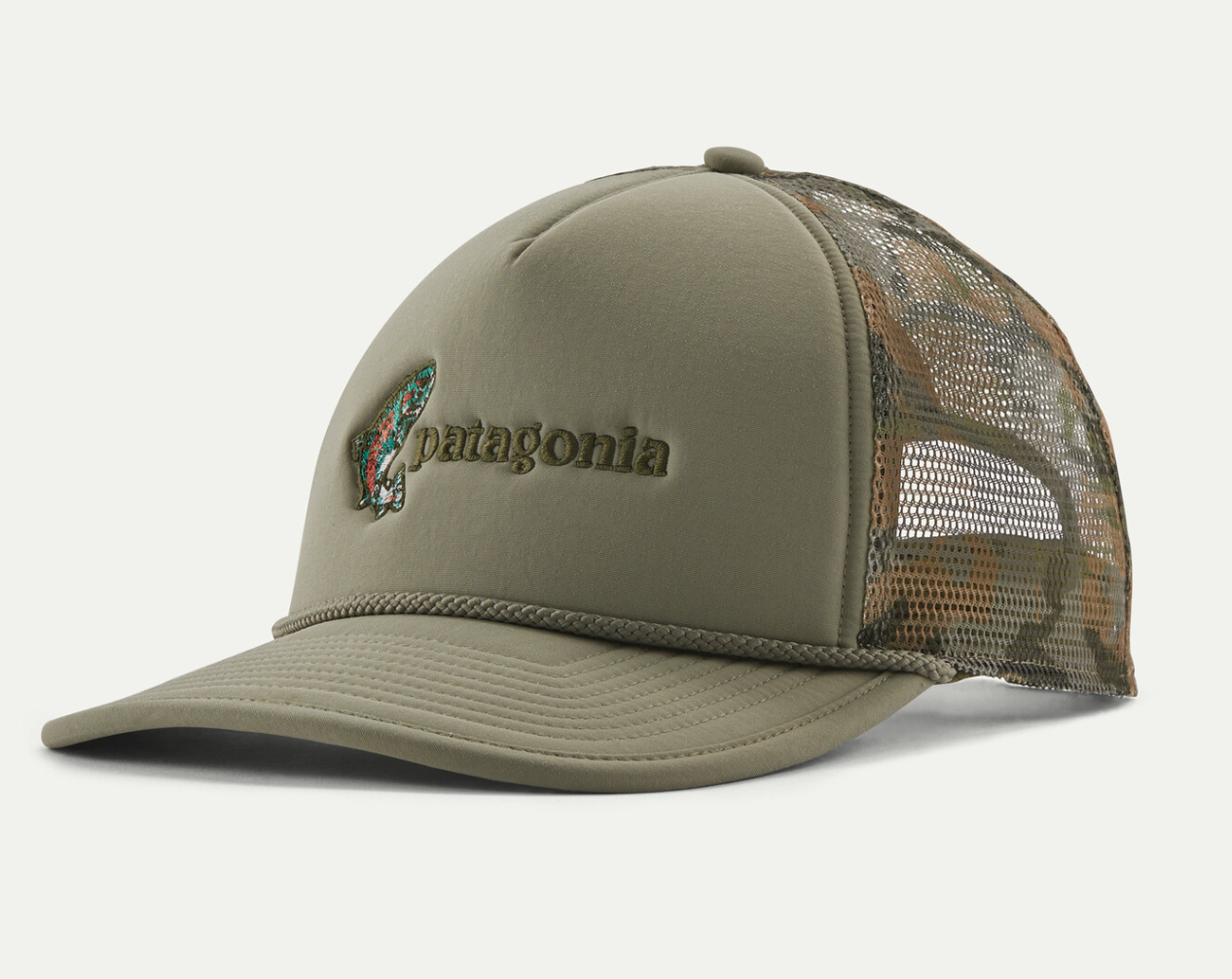 Patagonia Broadcaster Hat in fish jump: river rock green color.