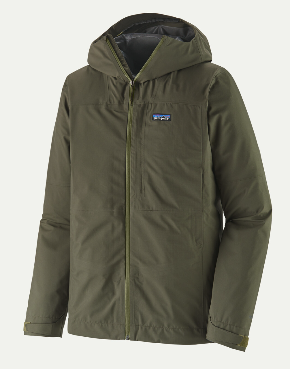 Patagonia Boulder Fork Rain Jacket in basin green color.