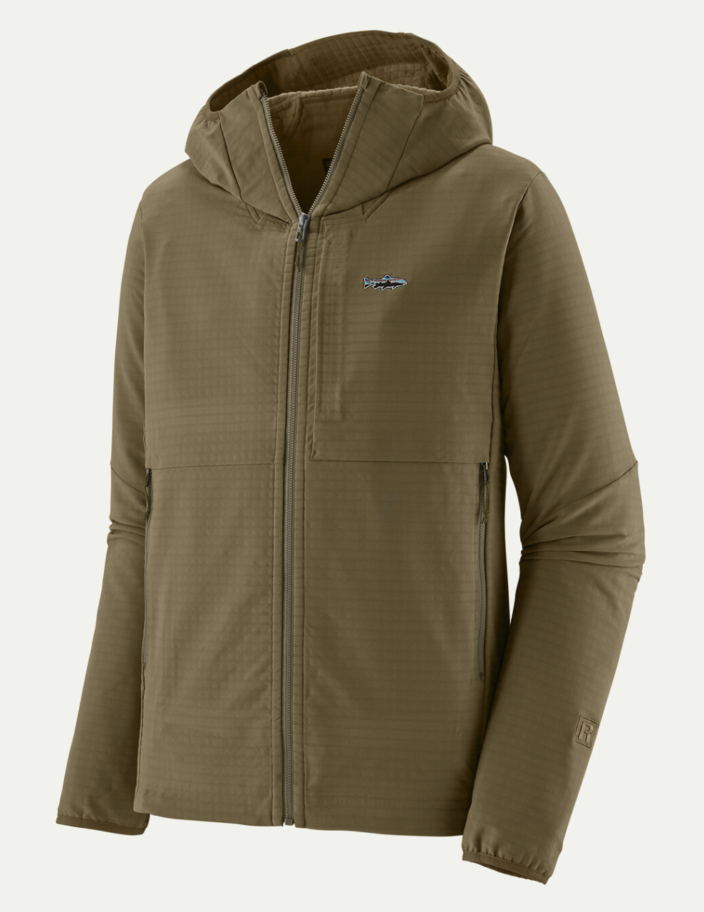 Patagonia R1 TechFace Fitz Roy Trout Hoody Dark Ash color.