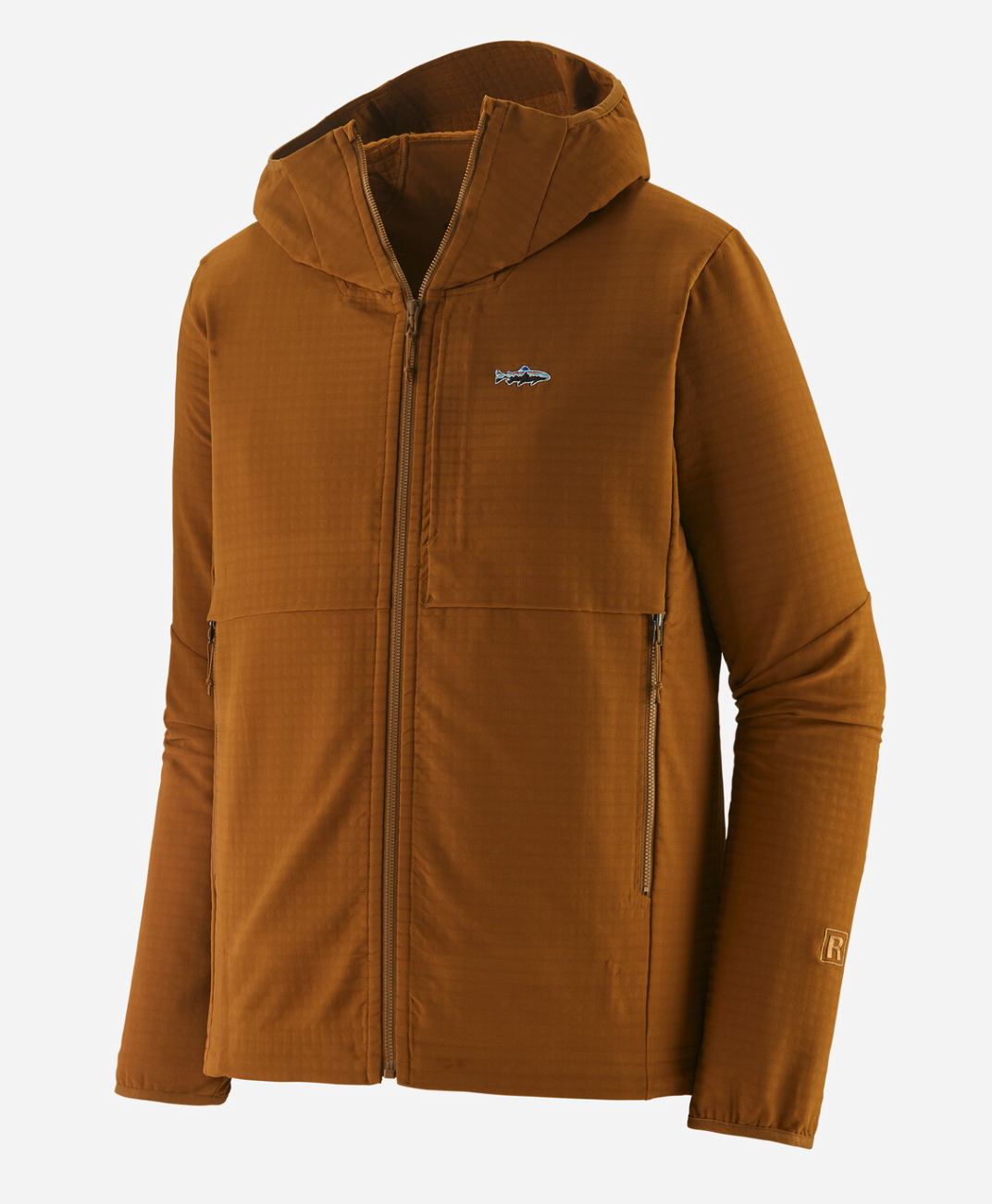 Patagonia R1 TechFace Fitz Roy Trout Hoody for men, featuring a stylish trout graphic for fishing enthusiasts.