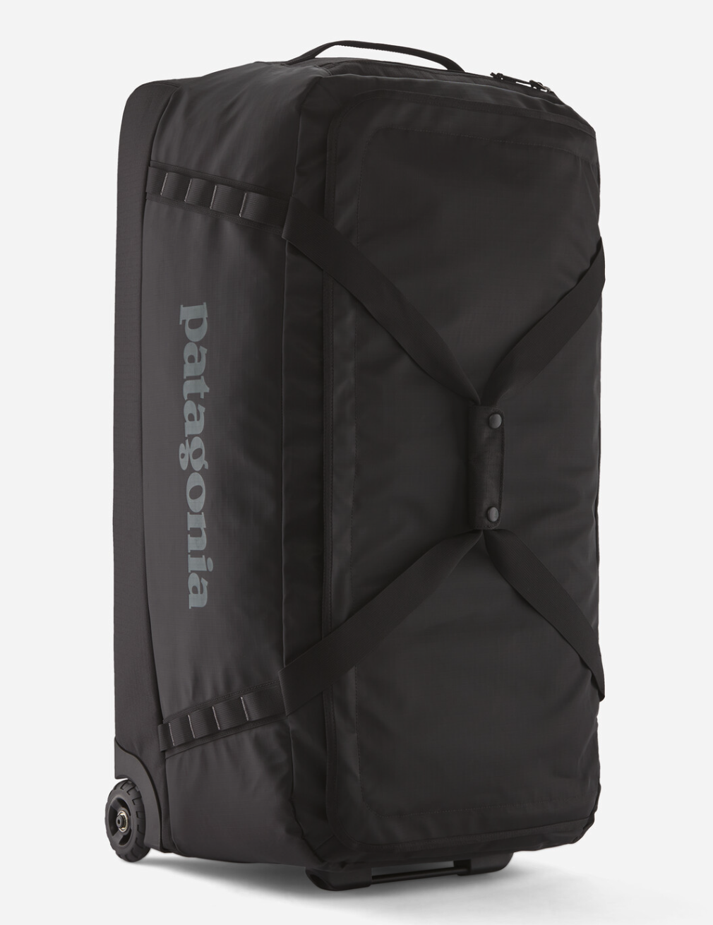 Patagonia Black Hole Matte Wheeled Duffel 100L in black, designed for durable and spacious travel