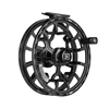 Image of a black Hardy Fortuna Regent Fly Reel showing from the front side angle