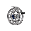 Image of a grey silver Hardy Fortuna Regent Fly Reel showing from the front side angle