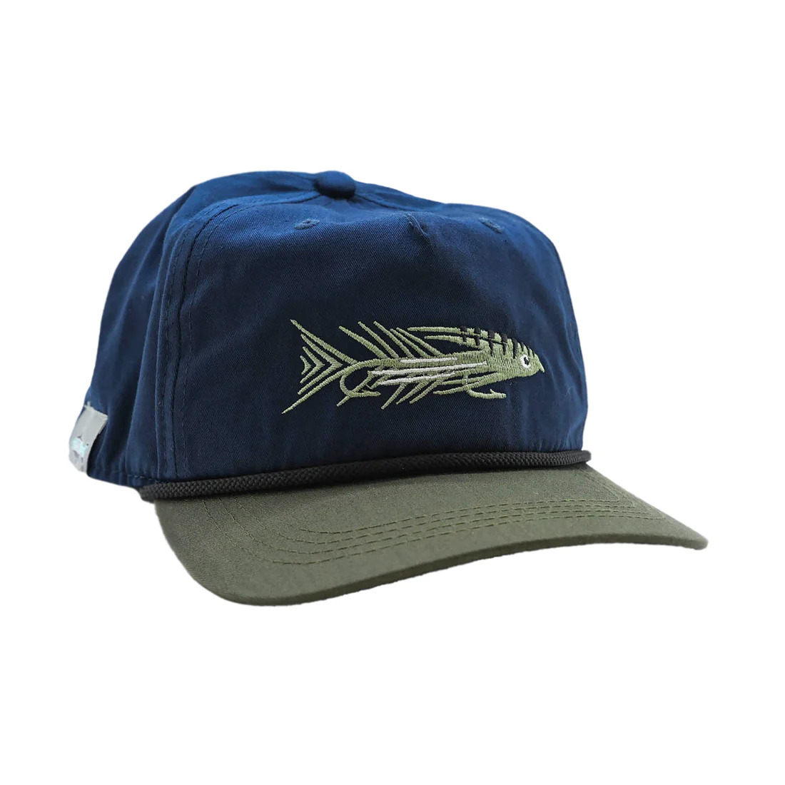 A navy green hat with a articulated fly fishing streamer design stitched in.