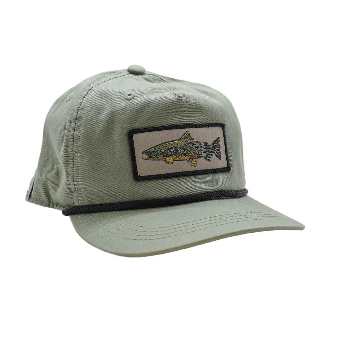 Light green hat with a patch showing a brown trout