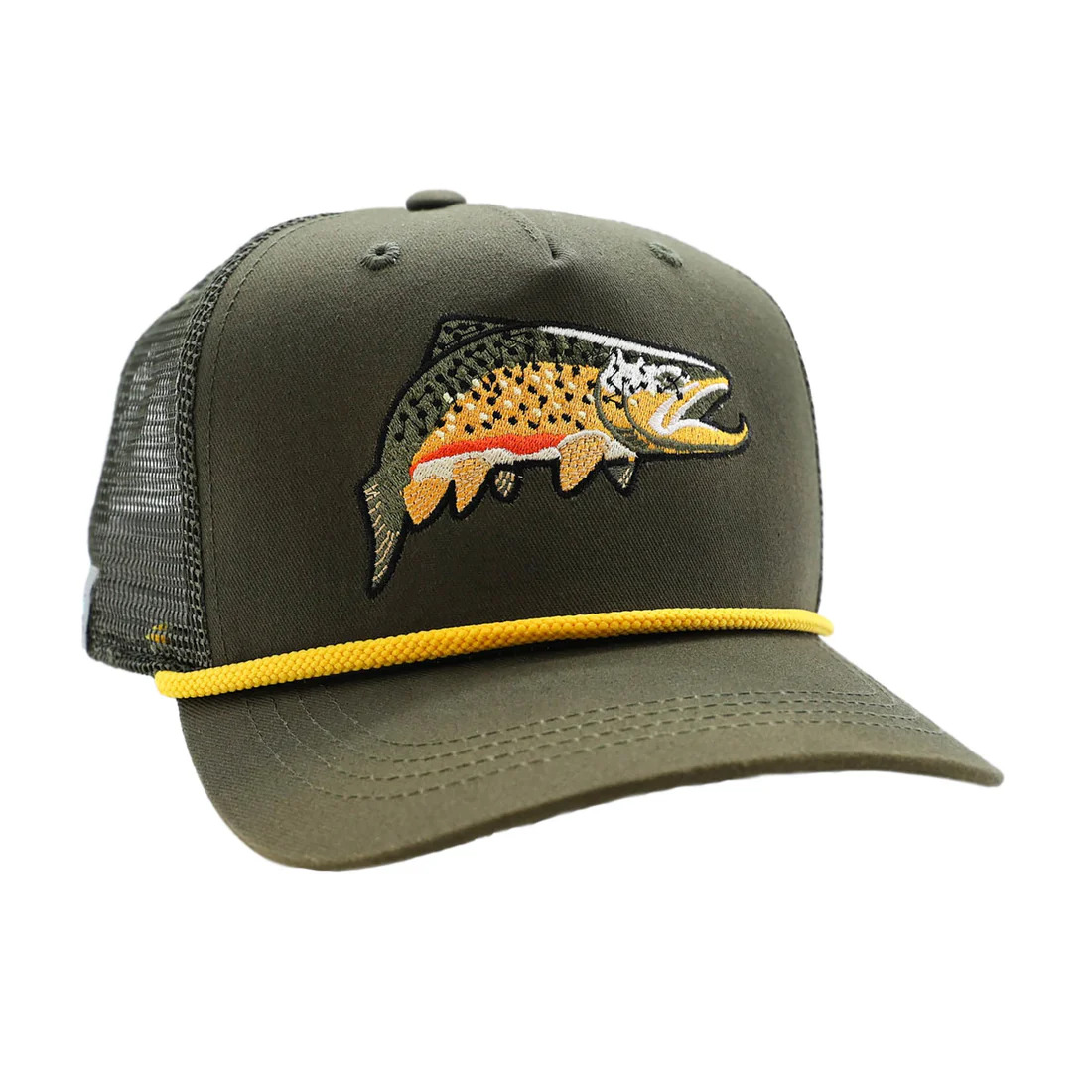 Green hat with an embroidered trout design