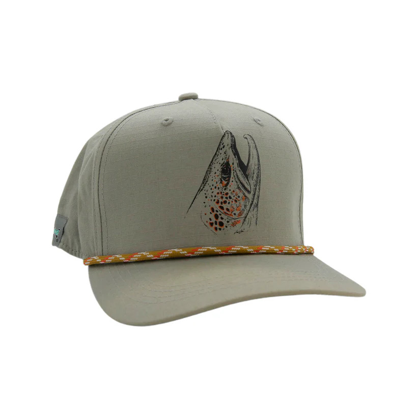 Sage Green hat with the design of a brown trout rising on it