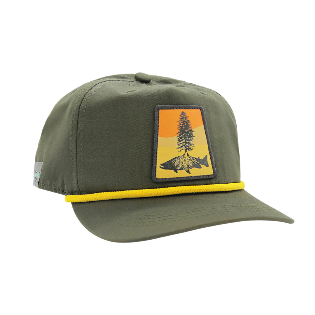 Green Hat with a patch showing a trees roots going into a fish