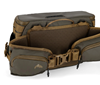 Front buckle detail of Simms Headwaters Hip Pack in hickory color.