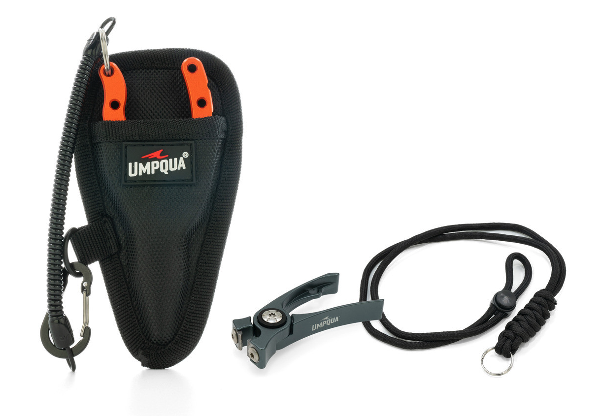 Pair of orange Umpqua RiverRun Pliers in black sheath and Gunmetal RiverRun Nippers